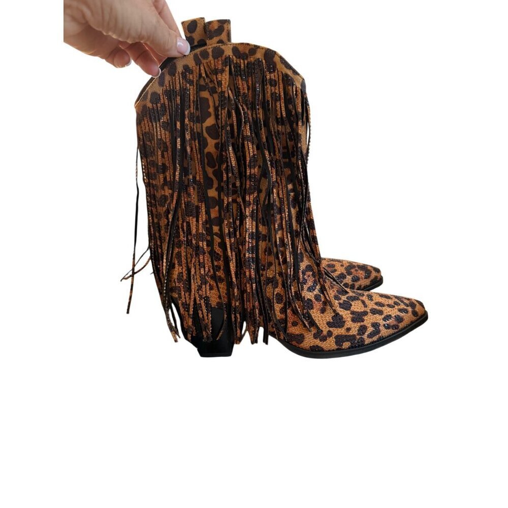 Ouepiano Womens Cowboy Boots Size 8.5 Leopard  Rhinestone Fringe Coachella New - Picture 9 of 16